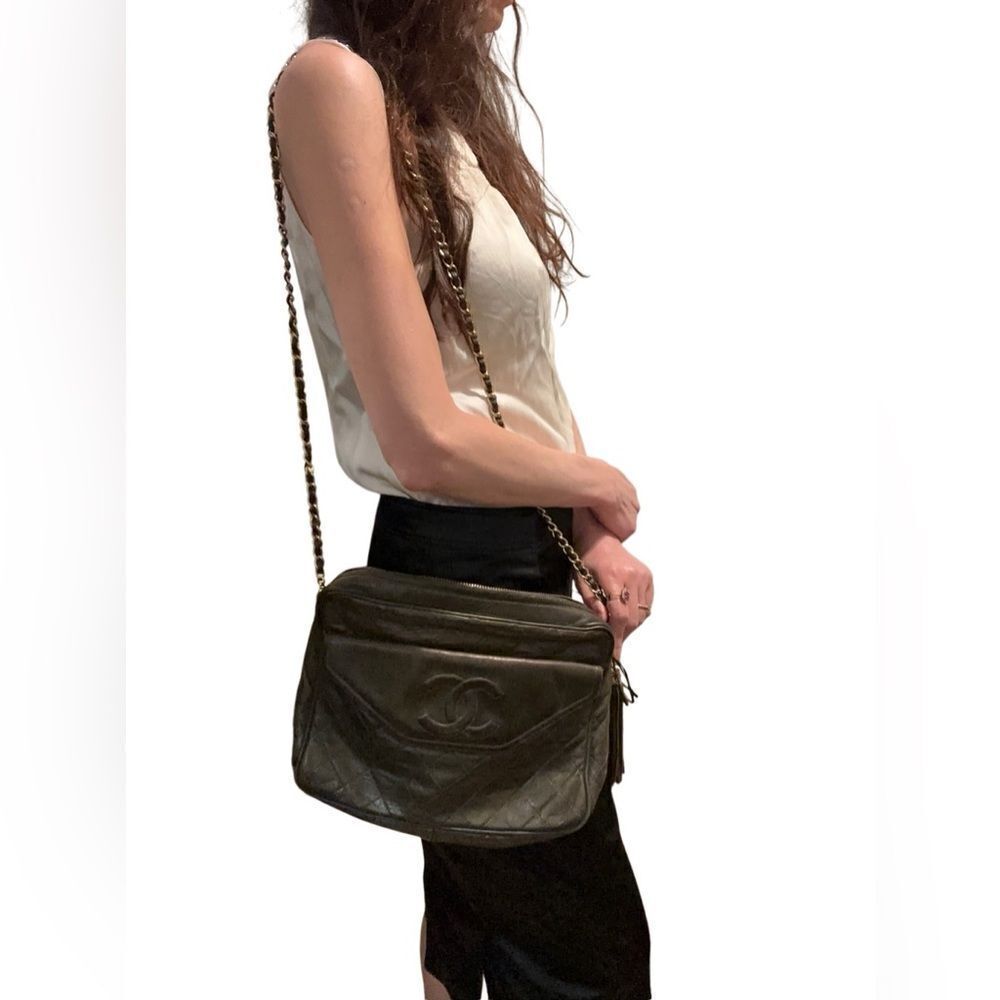 Chanel olive green leather crossbody bag with Tassel Accents